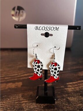 BLOSSOM Red & Black Cowprint Cowboy Boot Earrings